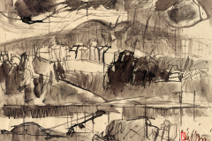 6. Rokkasho, Blick über den Fluss, Tusche, Feder, Pinsel 1997, 21x 30 cm