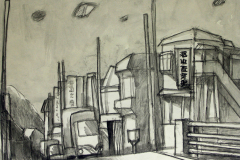 5. Rokkasho, Dorfstraße, Kohle, Kreide, laviert, 1997,48 x 64 cm