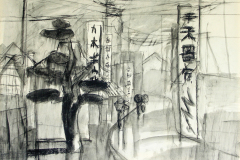 4. Rokkasho im Regen, Kohle, Kreide, laviert, 1997, 48 x 64 cm